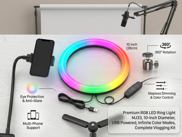 MJ33 RGB Ring Light with Phone Holder and Tripod Mount