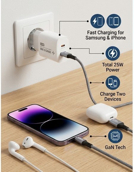 Interlink Beyond 25W charger plugged into a wall outlet charging a phone and wireless earphones simultaneously