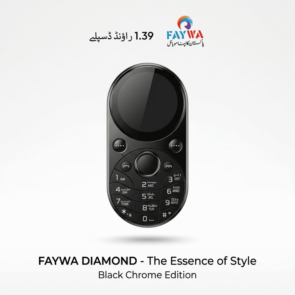 The centered phone, with its distinctive round 1.39-inch display and numeric keypad, is presented against a clean white background. High clarity, detailed texture, with the Urdu text "1.39 راؤنڈ ڈسپلے" visible.