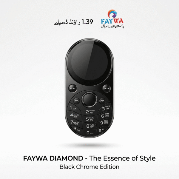 The centered phone, with its distinctive round 1.39-inch display and numeric keypad, is presented against a clean white background. High clarity, detailed texture, with the Urdu text "1.39 راؤنڈ ڈسپلے" visible.