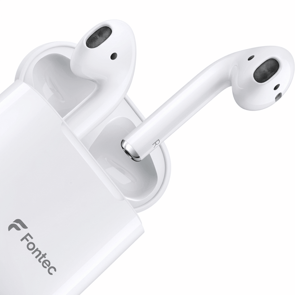 Close-up view of the eartip of a Fontec TWS earbud, showing the mesh grill and ergonomic design for universal comfort.