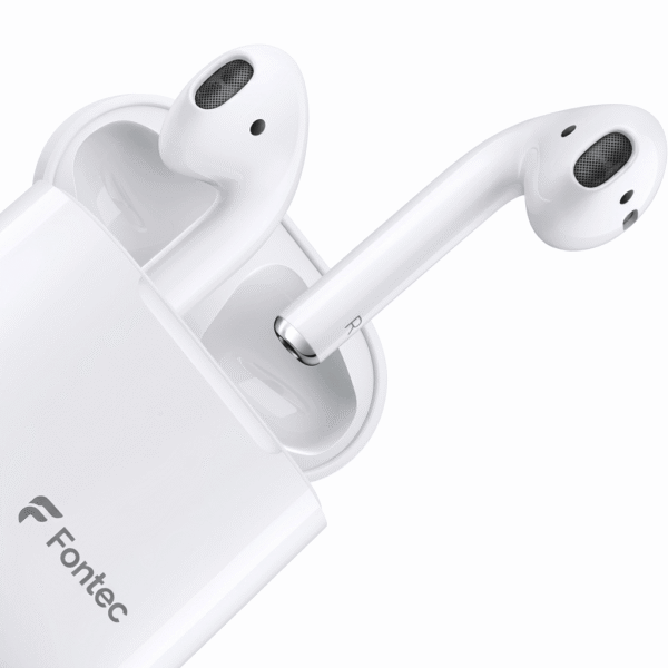 Close-up view of the eartip of a Fontec TWS earbud, showing the mesh grill and ergonomic design for universal comfort.
