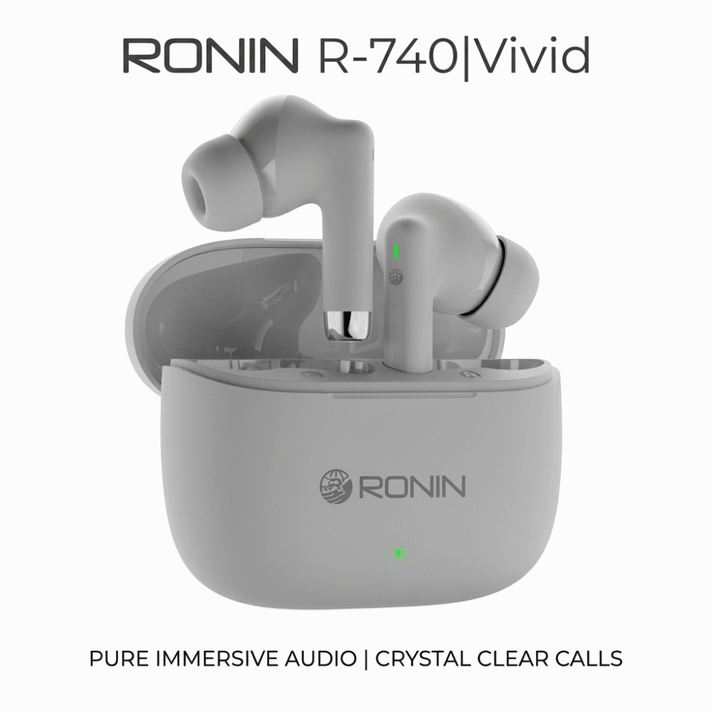 Ronin R-740 Vivid wireless earbuds in grey sitting inside their matching open charging case against a clean background, highlighting pure immersive audio.