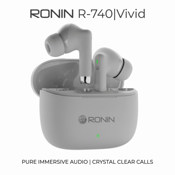 Ronin R-740 Vivid wireless earbuds in grey sitting inside their matching open charging case against a clean background, highlighting pure immersive audio.