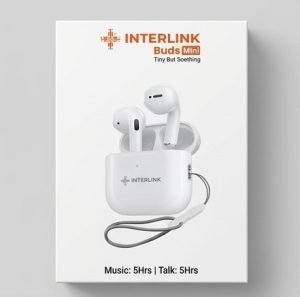 Interlink Buds Mini box packaging showing the compact TWS case, earbuds, and music/talk time icons