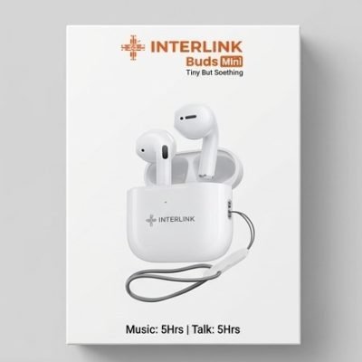 Interlink Buds Mini box packaging showing the compact TWS case, earbuds, and music/talk time icons