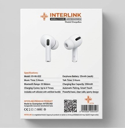 Interlink Buds Mini back of box detailing specifications including 20-meter Bluetooth range and GaN charging compatibility