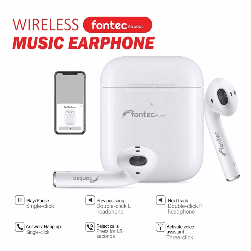 Graphic illustration showing Fontec wireless earbuds automatically pairing with a smartphone screen.