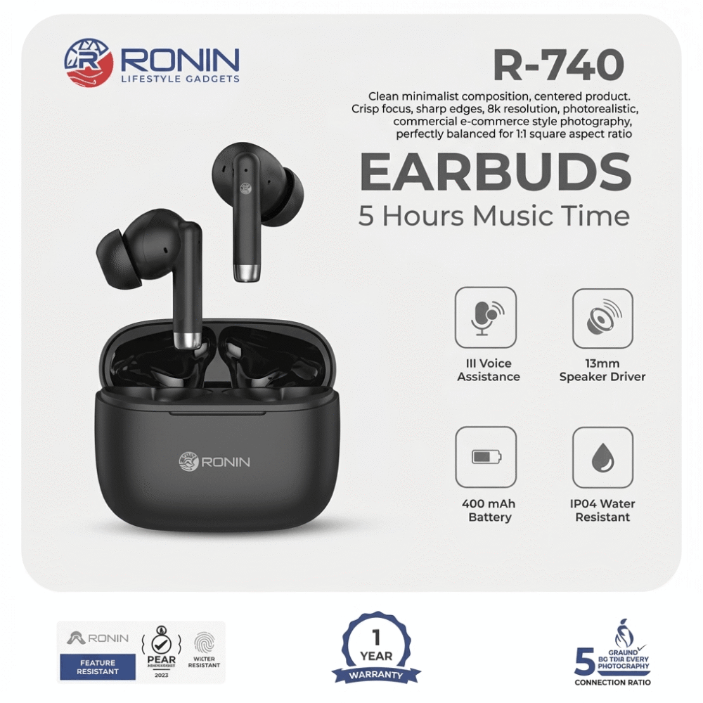 Close-up studio product shot of Ronin R-740 black wireless earbuds and charging case with long battery timing feature.