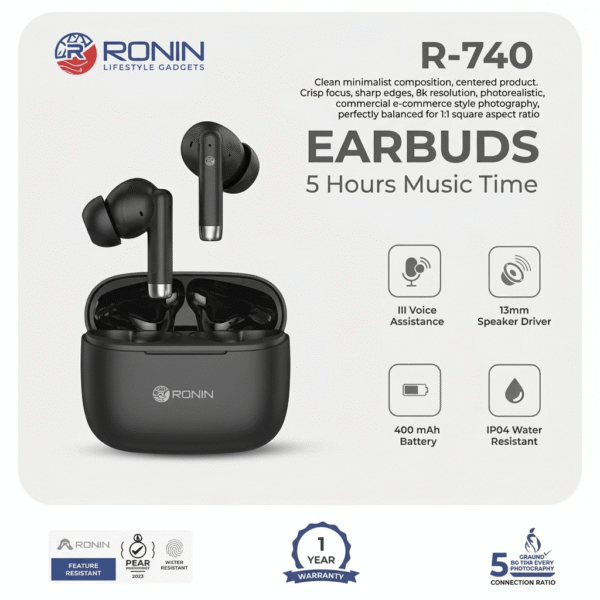Close-up studio product shot of Ronin R-740 black wireless earbuds and charging case with long battery timing feature.