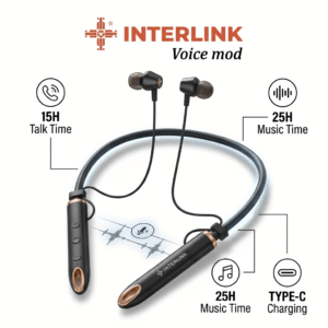 Interlink Voice Mod neckband box packaging showing the unique Voice Changer feature and 5-voice icons