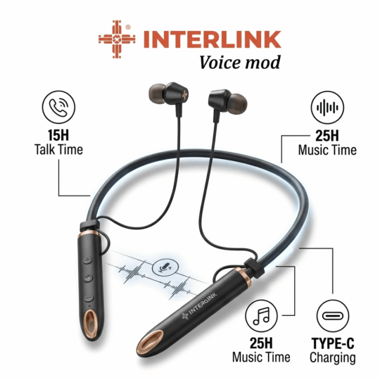 Interlink Voice Mod neckband box packaging showing the unique Voice Changer feature and 5-voice icons