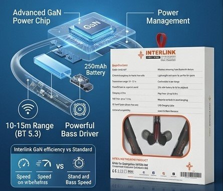 Technical diagram on a blue gradient background showing an exploded view of the Interlink charger with advanced GaN technology, highlighting safety, efficiency, and size comparisons to standard adapters
