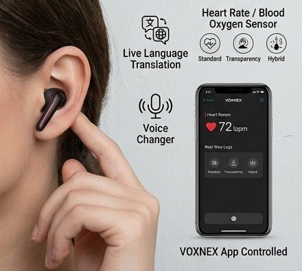 Infographic diagram showing the INTERLINK Elite AirBuds Pro 3 case with a transparent view, detailing specific wellness sensors: Heart Rate, SpO2, and ENC calling callouts