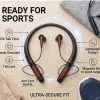 INTERLINK SPORTS Stereo Neckband e-commerce hero shot featuring the pristine product packaging box (front view) next to the actual neckband and a detailed component infographic
