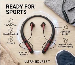 INTERLINK SPORTS Stereo Neckband e-commerce hero shot featuring the pristine product packaging box (front view) next to the actual neckband and a detailed component infographic