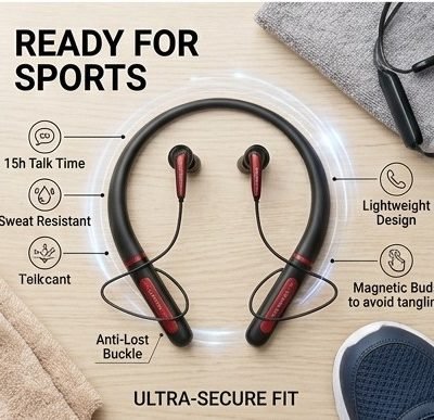 INTERLINK SPORTS Stereo Neckband e-commerce hero shot featuring the pristine product packaging box (front view) next to the actual neckband and a detailed component infographic