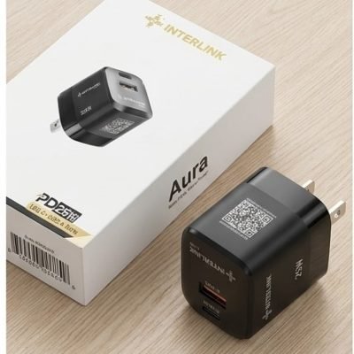 Interlink Aura 25W GaN Mini Size Adapter box packaging featuring USB-C and USB-A dual ports