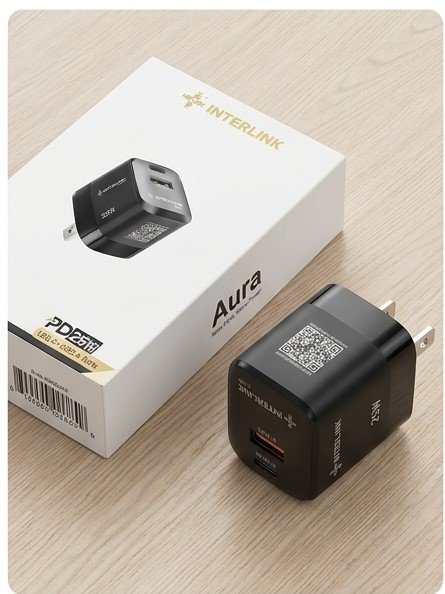 Interlink Aura 25W GaN Mini Size Adapter box packaging featuring USB-C and USB-A dual ports