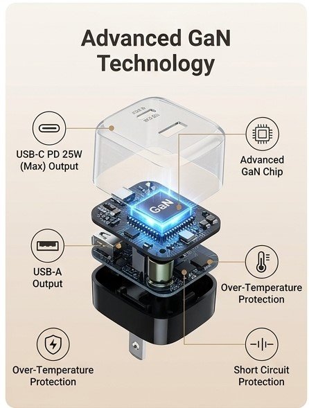 Internal GaN chip components diagram showing over-temperature protection and short-circuit protection features