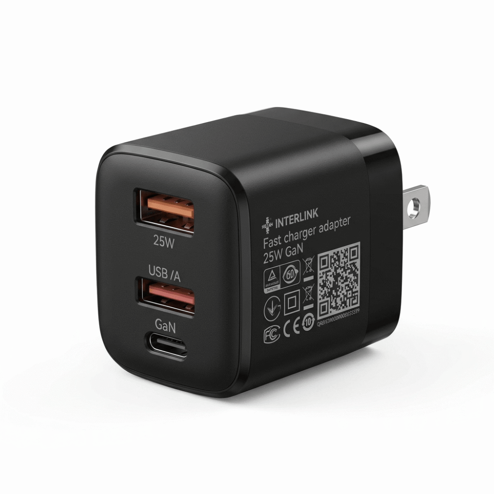 Interlink Aura 25W GaN Mini Size Adapter box packaging with USB-C and USB-A dual ports