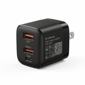 Interlink Aura 25W GaN Mini Size Adapter box packaging with USB-C and USB-A dual ports