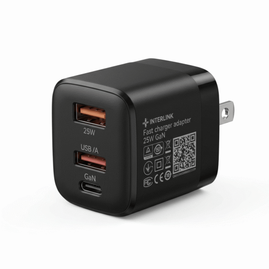 Interlink Aura 25W GaN Mini Size Adapter box packaging with USB-C and USB-A dual ports