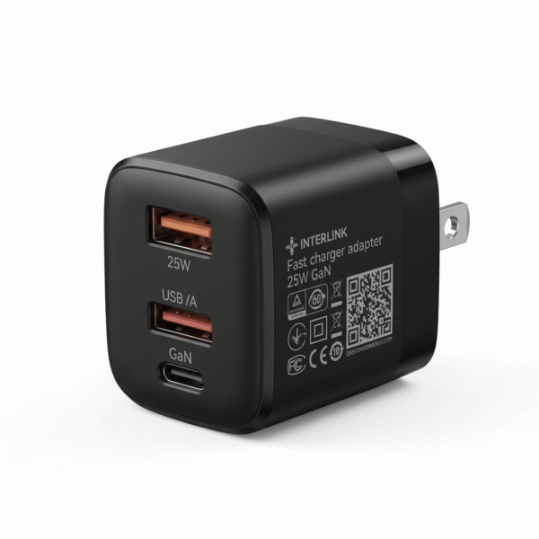 Interlink Aura 25W GaN Mini Size Adapter box packaging with USB-C and USB-A dual ports
