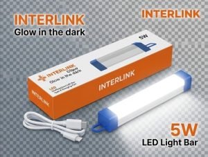Interlink 5W rechargeable LED light bar on transparent PNG background showing Type-C charging port, magnetic back, and hanging hook