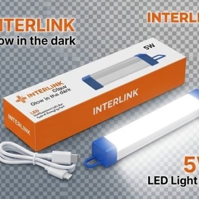 Interlink 5W rechargeable LED light bar on transparent PNG background showing Type-C charging port, magnetic back, and hanging hook