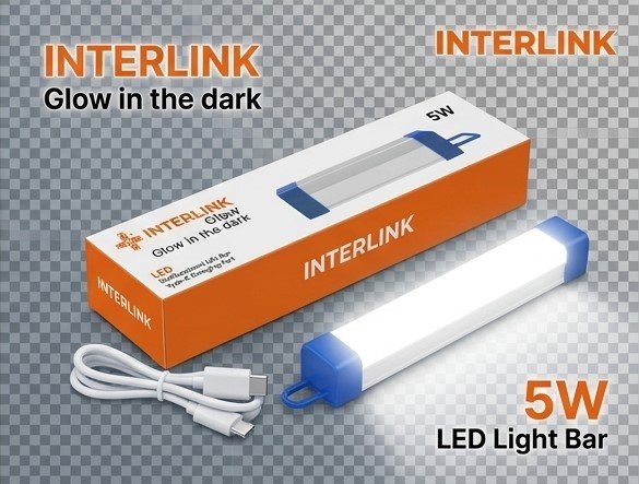 Interlink 5W rechargeable LED light bar on transparent PNG background showing Type-C charging port, magnetic back, and hanging hook