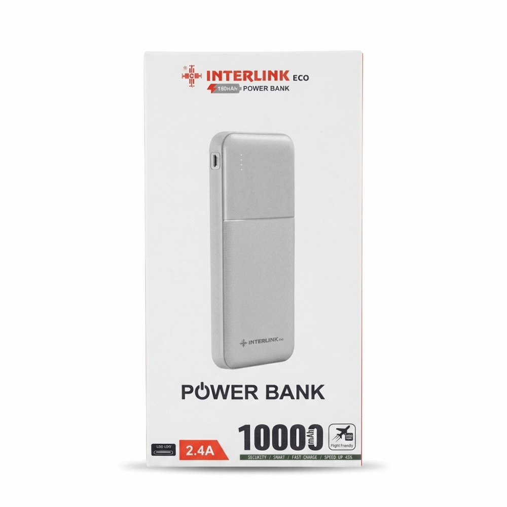 Interlink Eco 10000mAh Power Bank front packaging box showing 2.4A fast charging label