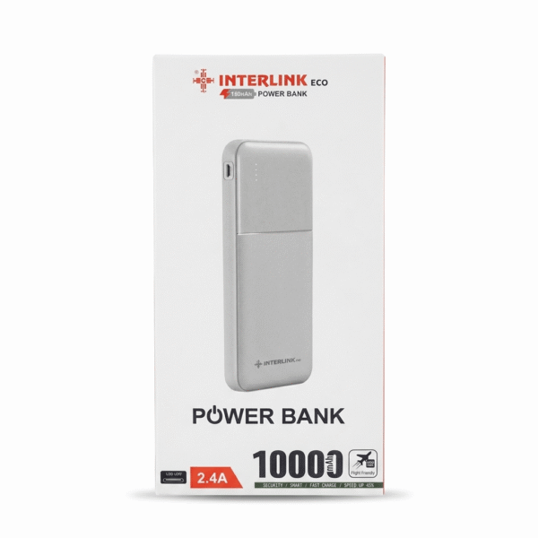 Interlink Eco 10000mAh Power Bank front packaging box showing 2.4A fast charging label