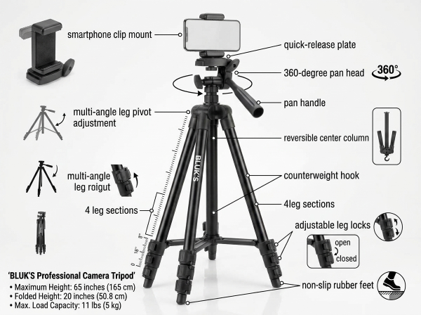 Bluk's Tripod Features Breakdown with Adjustable Legs and Pan Head