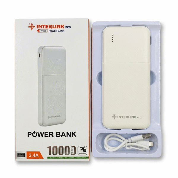 Interlink Eco 10000mAh Power Bank front packaging box showing 2.4A fast charging label