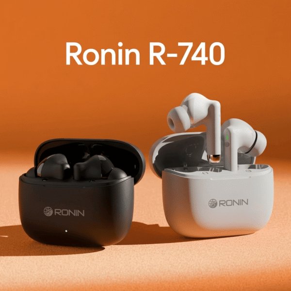 Front-view product render of Ronin R-740 Vivid White & Black wireless earbuds in an open charging case showing LED status indicator.