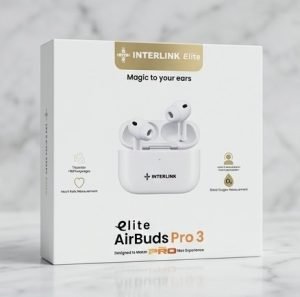 Interlink Elite AirBuds Pro 3 box showing 4x Active Noise Cancellation and Heart Rate/Blood Oxygen measurement icons