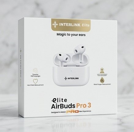 Interlink Elite AirBuds Pro 3 box showing 4x Active Noise Cancellation and Heart Rate/Blood Oxygen measurement icons