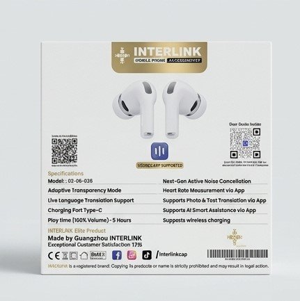 Interlink 03-06-036 back of box detailing specifications like VOXNEX App support and wireless charging