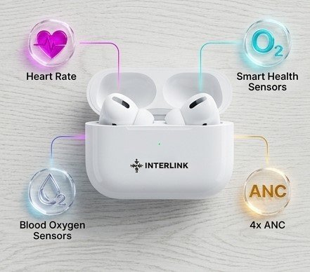 Infographic highlighting key Interlink Elite Pro 3 features: Heart Rate Sensor, SpO2, and Live Translation app support