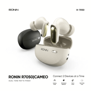 Ronin R7050|Cameo True Wireless Earbuds, featuring both white earbuds, their open matte-textured charging case, and a second, closed black charging case against a plain white background.