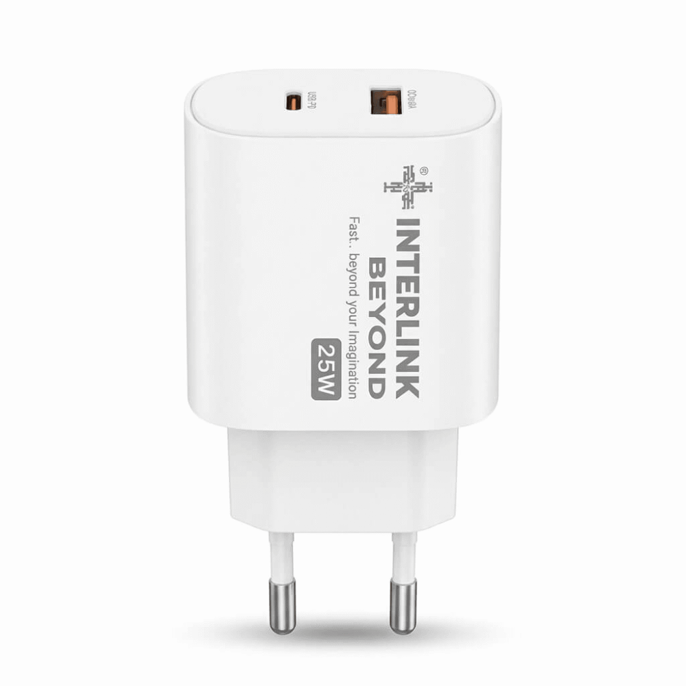 Interlink Beyond 25W PD Super fast charger EU plug adapter in clean white finish