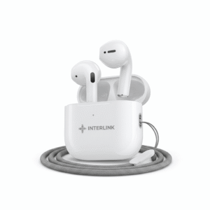 Interlink Buds Mini box packaging showing the compact TWS case, earbuds, and music/talk time icons