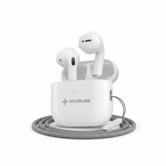 Interlink Buds Mini box packaging showing the compact TWS case, earbuds, and music/talk time icons