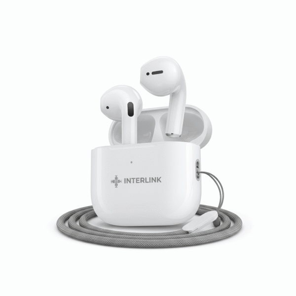Interlink Buds Mini box packaging showing the compact TWS case, earbuds, and music/talk time icons