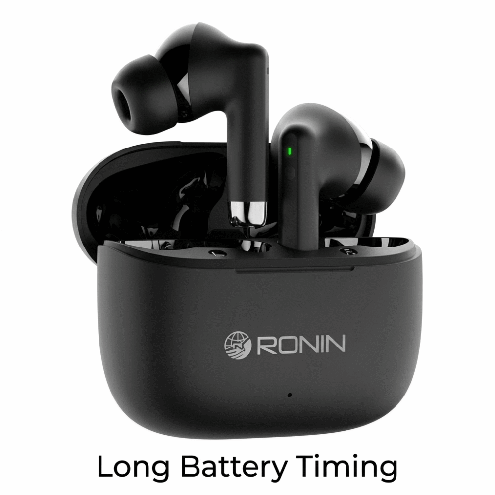 Ronin R-740 wireless earbuds in black matte finish, shown with open charging case displaying 5 hours music time, 13mm drivers, and feature icons on a white background.