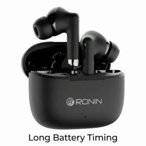 Ronin R-740 wireless earbuds in black matte finish, shown with open charging case displaying 5 hours music time, 13mm drivers, and feature icons on a white background.