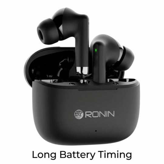 Ronin R-740 wireless earbuds in black matte finish, shown with open charging case displaying 5 hours music time, 13mm drivers, and feature icons on a white background.