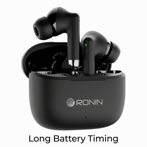 Ronin R-740 wireless earbuds in black matte finish, shown with open charging case displaying 5 hours music time, 13mm drivers, and feature icons on a white background.