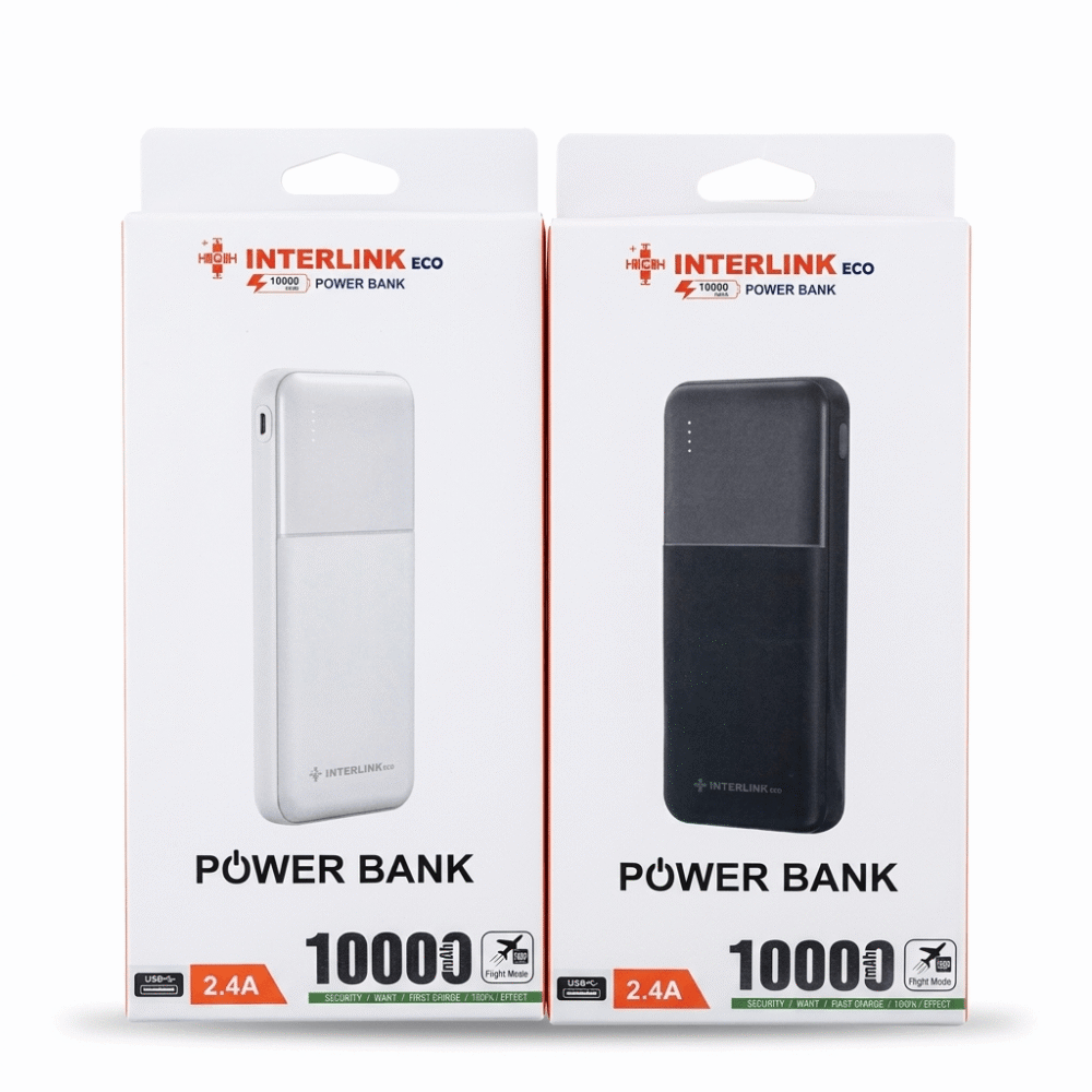 Interlink Eco 10000mAh Power Bank front packaging box showing 2.4A fast charging label
